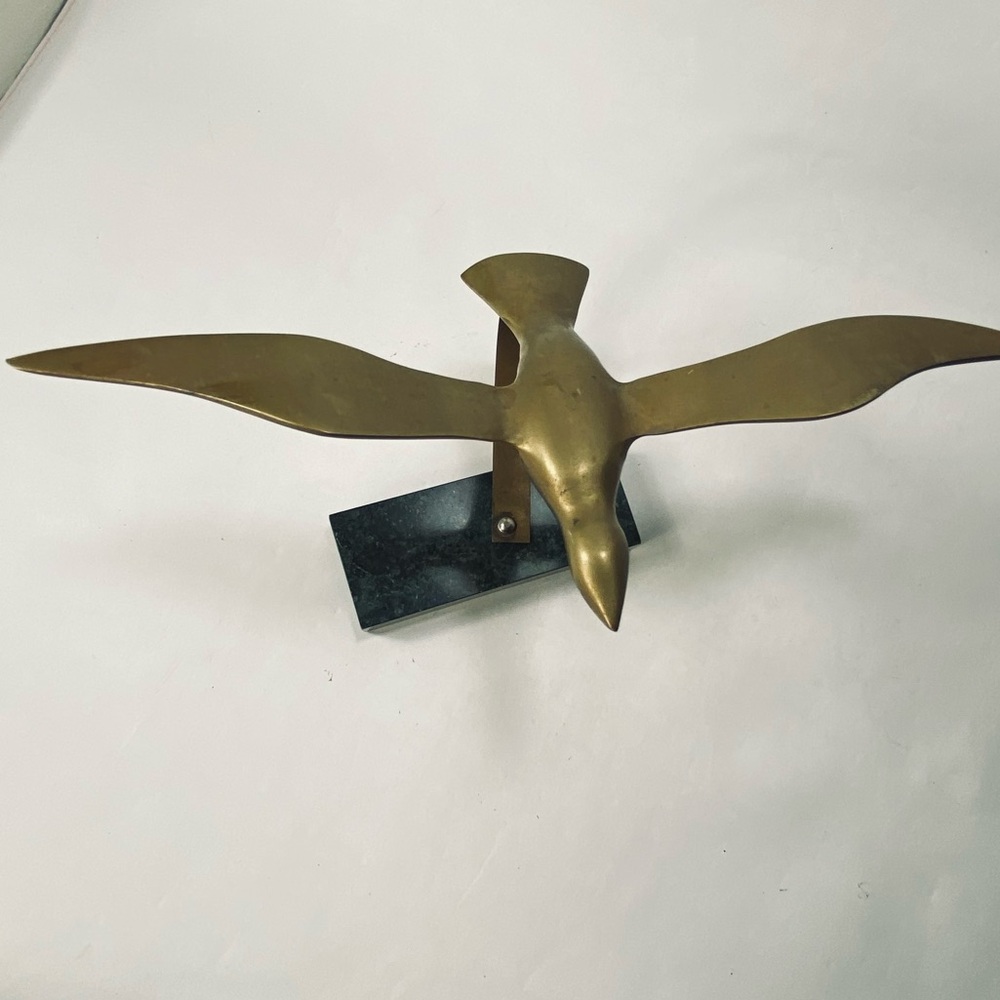 6" Vintage Mid Century Modern Solid Brass Sea Gull Sculpture Bird Marble Base - Picture 7 of 15